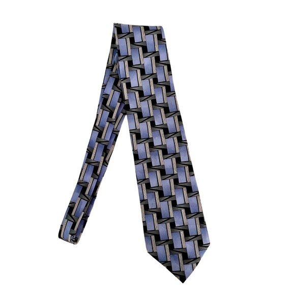 Geometric Blue Mens Necktie Tie 100% Silk Loop in Back 62 in Long x 4 in Wide - Picture 1 of 6
